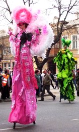 Colorful stilt-walkers in Odessa, Ukraine