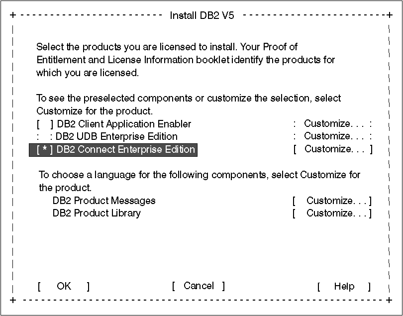 Selecting installable products and components on DB2 Connect