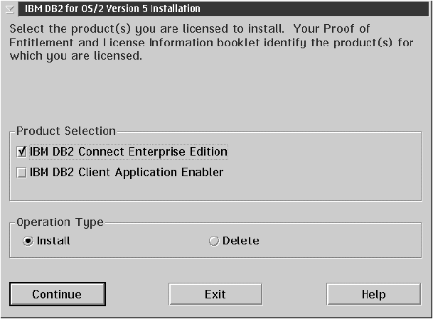 Screen capture for DB2 Connect Enterprise Edition for OS/2 server installation.