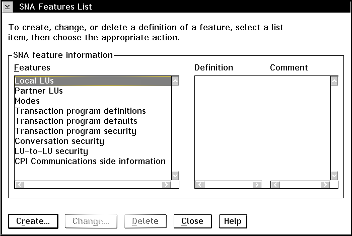 SNA Features List panel.