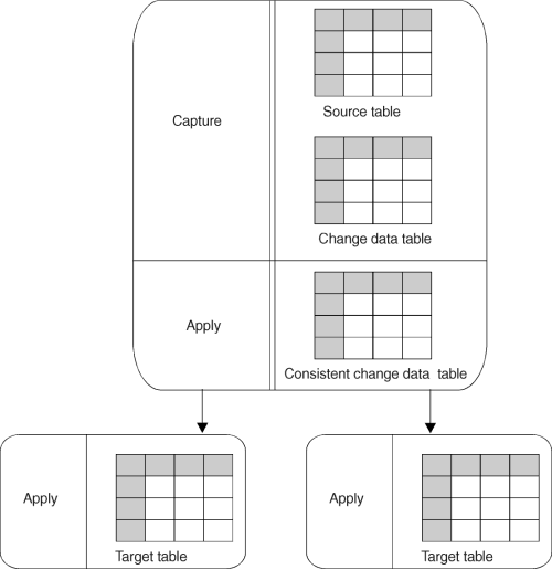 Internal or local CCD table, located at the source server. The Apply program is located at both the source server and the target server in this configuration.