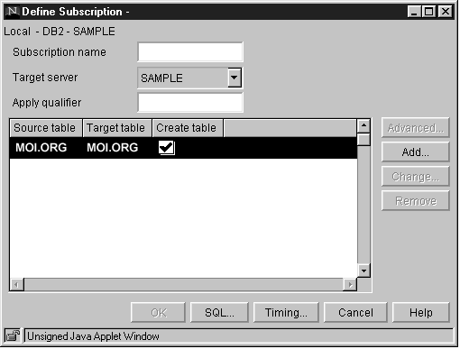 The Define Subscription window