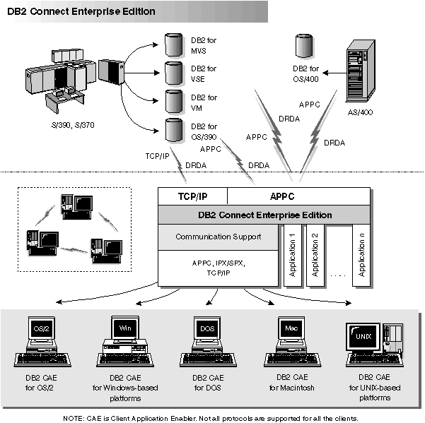 Diagram showing clients connection to host databases through DB2 Connect Enterprise Edition.